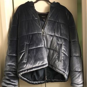 Blue velvet puffer jacket